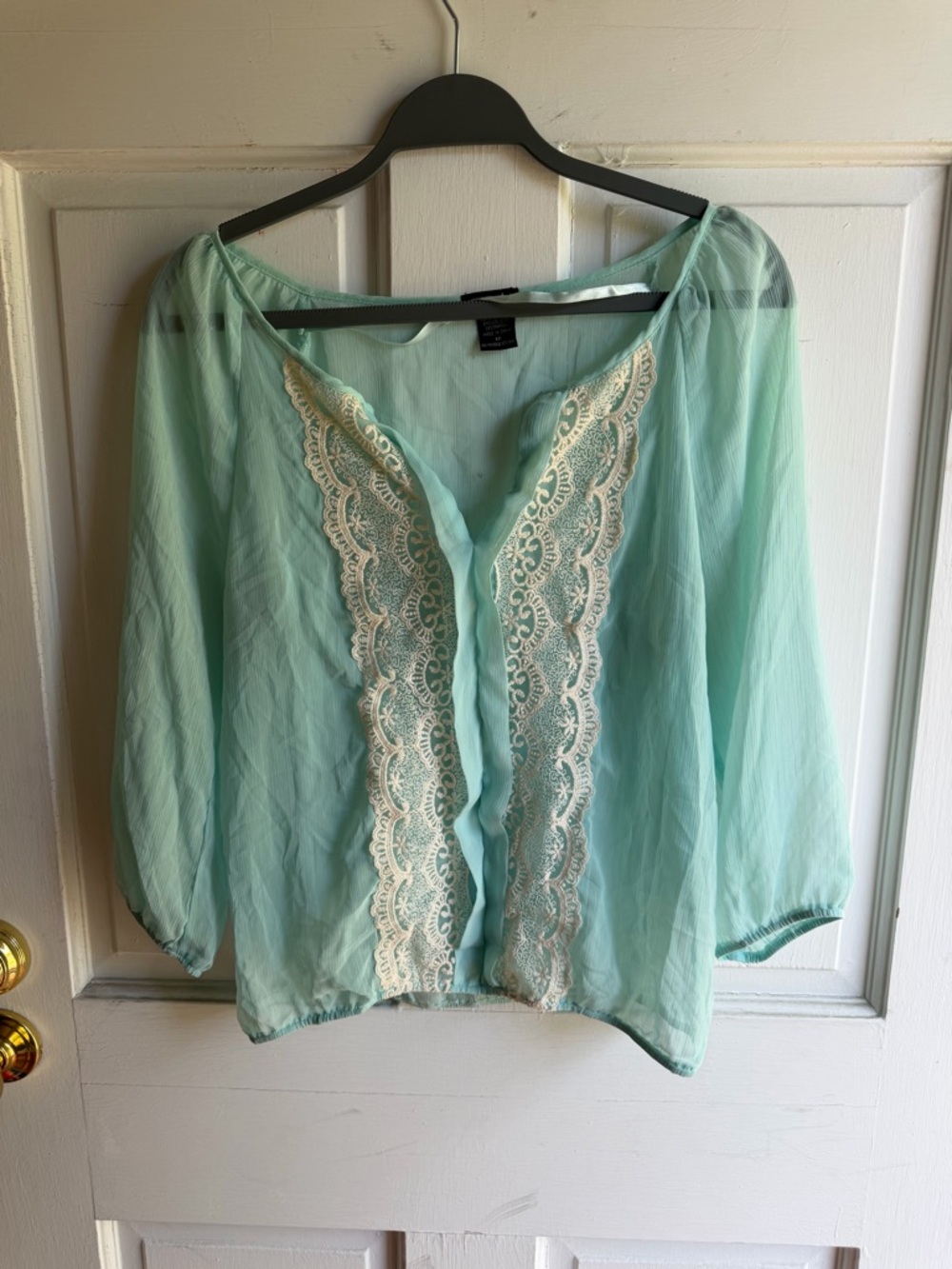 Light Aqua Lace-Trim Sheer Blouse - Women